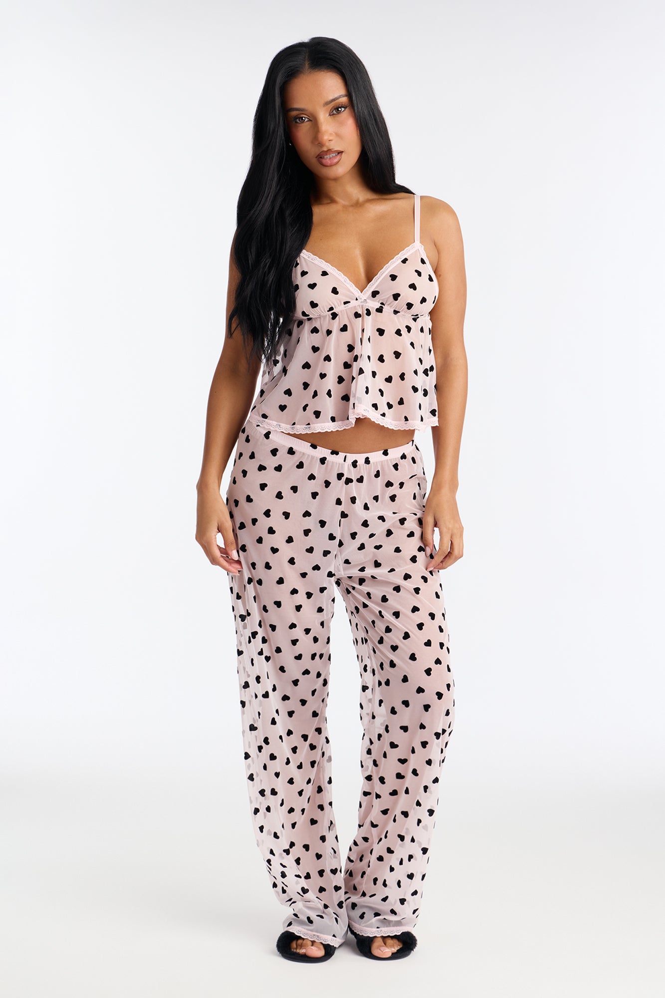 Whispered Kisses Black/Pink Mesh Heart Cami Set
