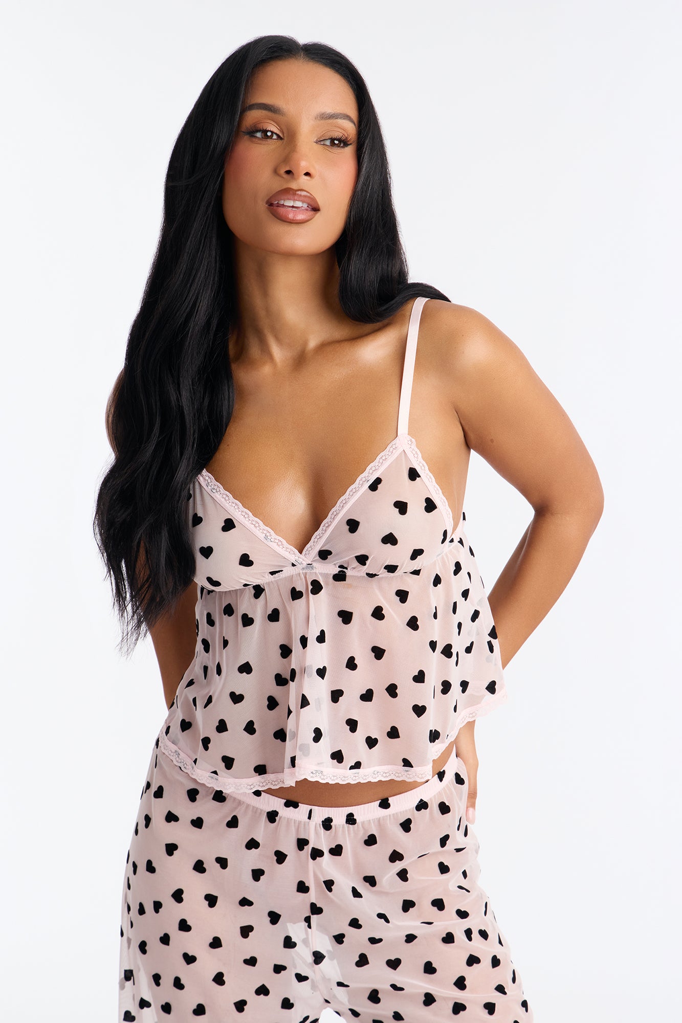 Whispered Kisses Black/Pink Mesh Heart Cami Set - Image 2
