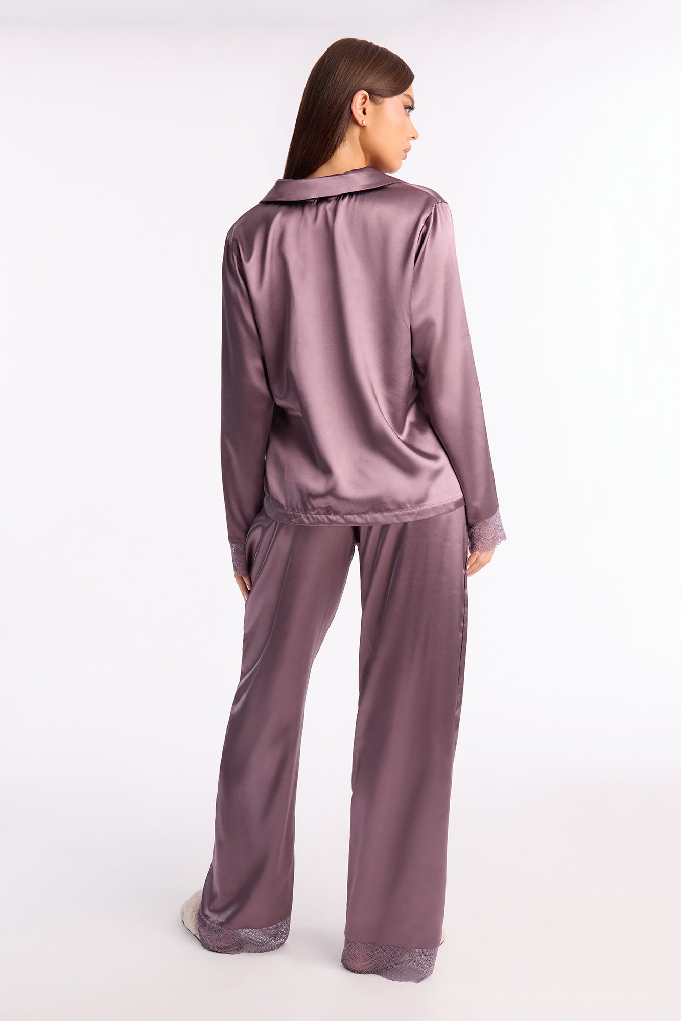 Getting Sleepy Purple Satin Lace Trim Long Sleeve Pajama Pant Set - Image 4