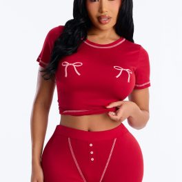 So Cute Bow DarkRed Pajama Boxer Short Set