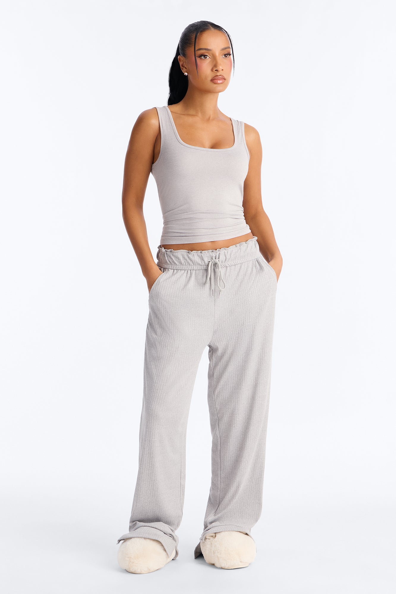 Verilunes Comfy Heather Grey Ribbed Tank Pajama Pant Set