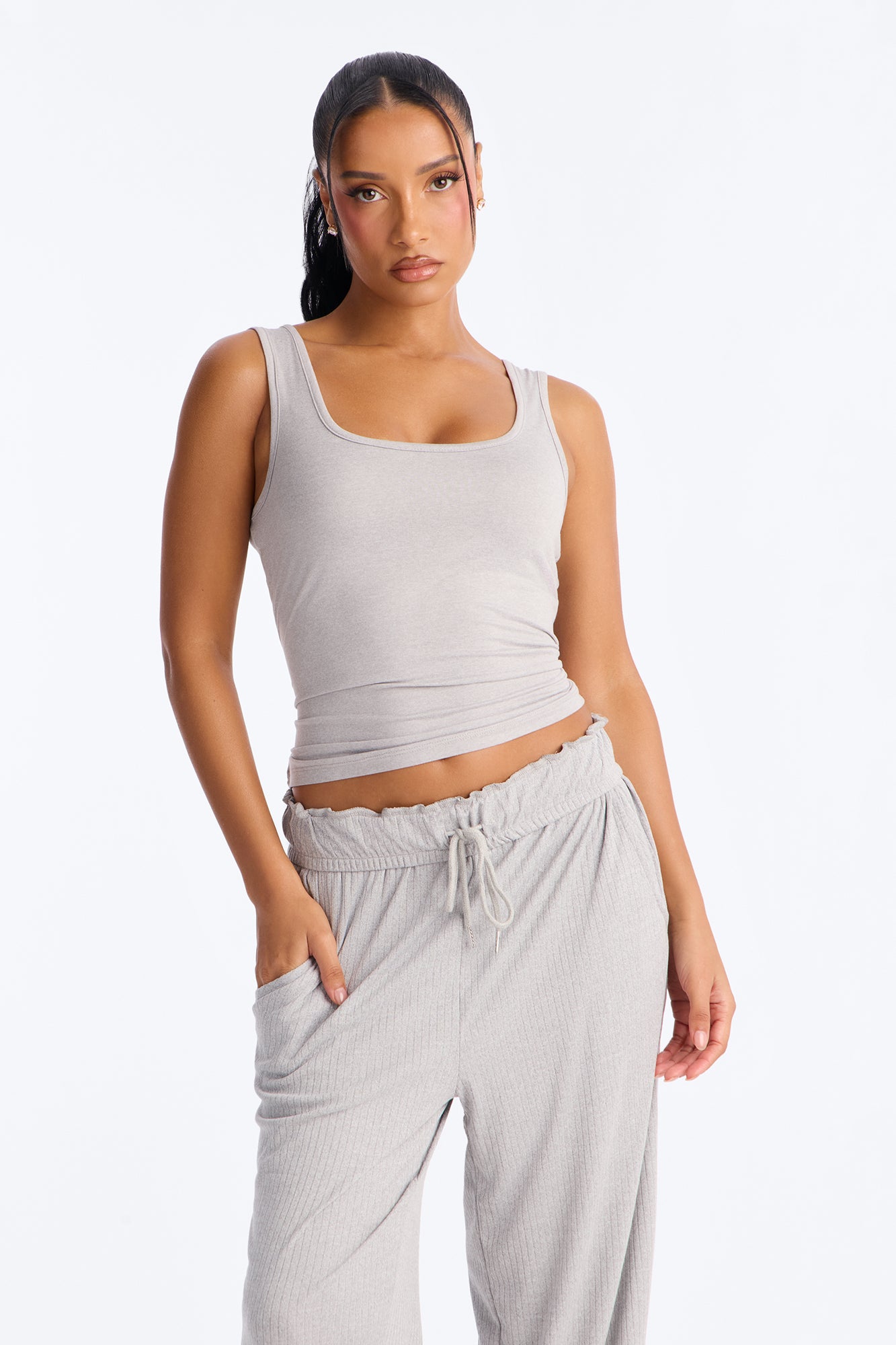 Verilunes Comfy Heather Grey Ribbed Tank Pajama Pant Set - Image 3