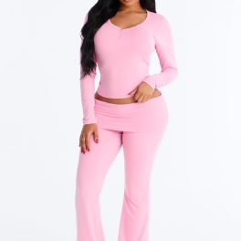 Sleepy Mood Pink Long Sleeve Foldover Flare Leg Pajama Pant Set