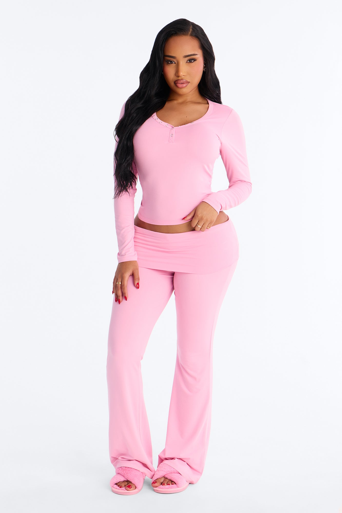 Sleepy Mood Pink Long Sleeve Foldover Flare Leg Pajama Pant Set
