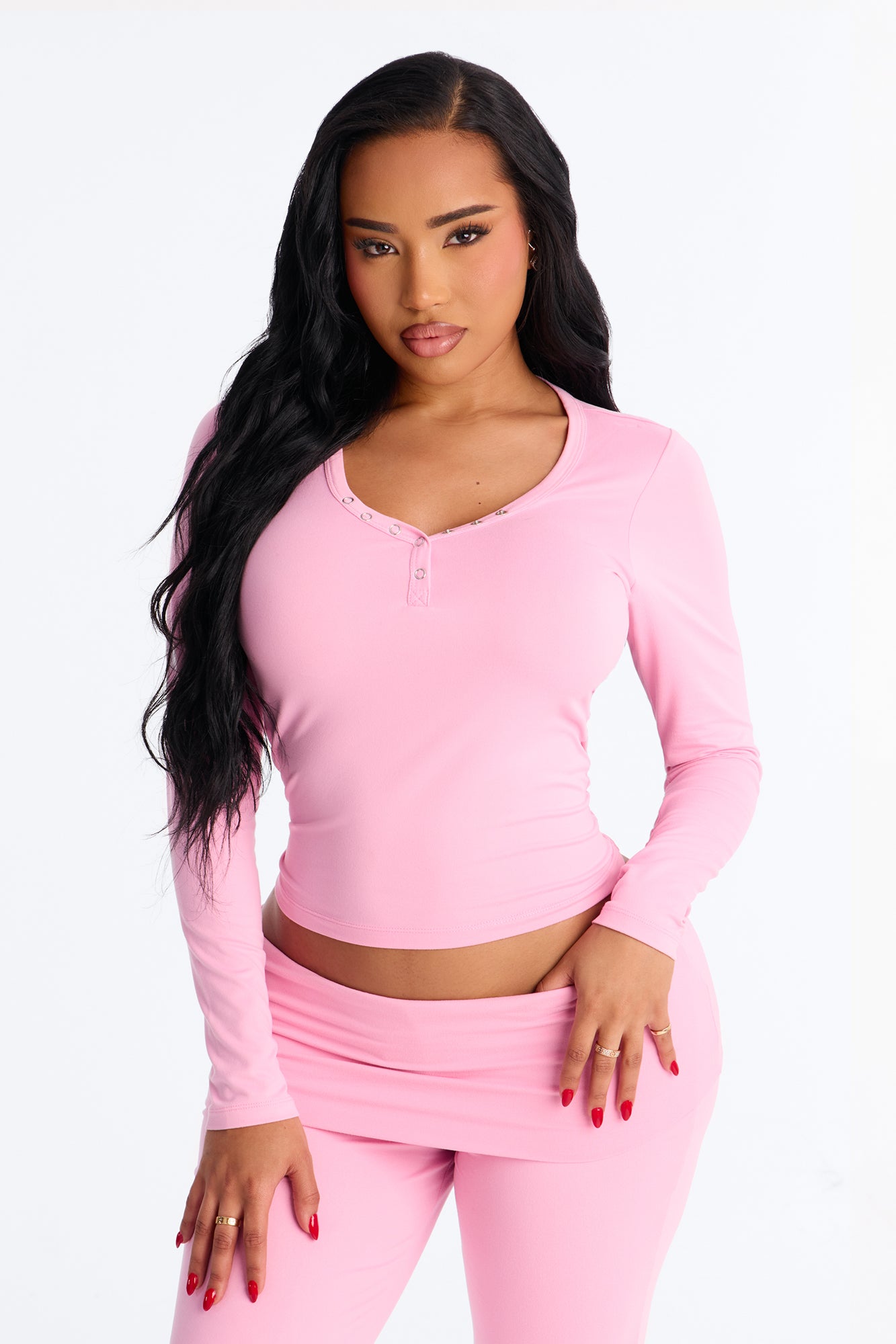 Sleepy Mood Pink Long Sleeve Foldover Flare Leg Pajama Pant Set - Image 2