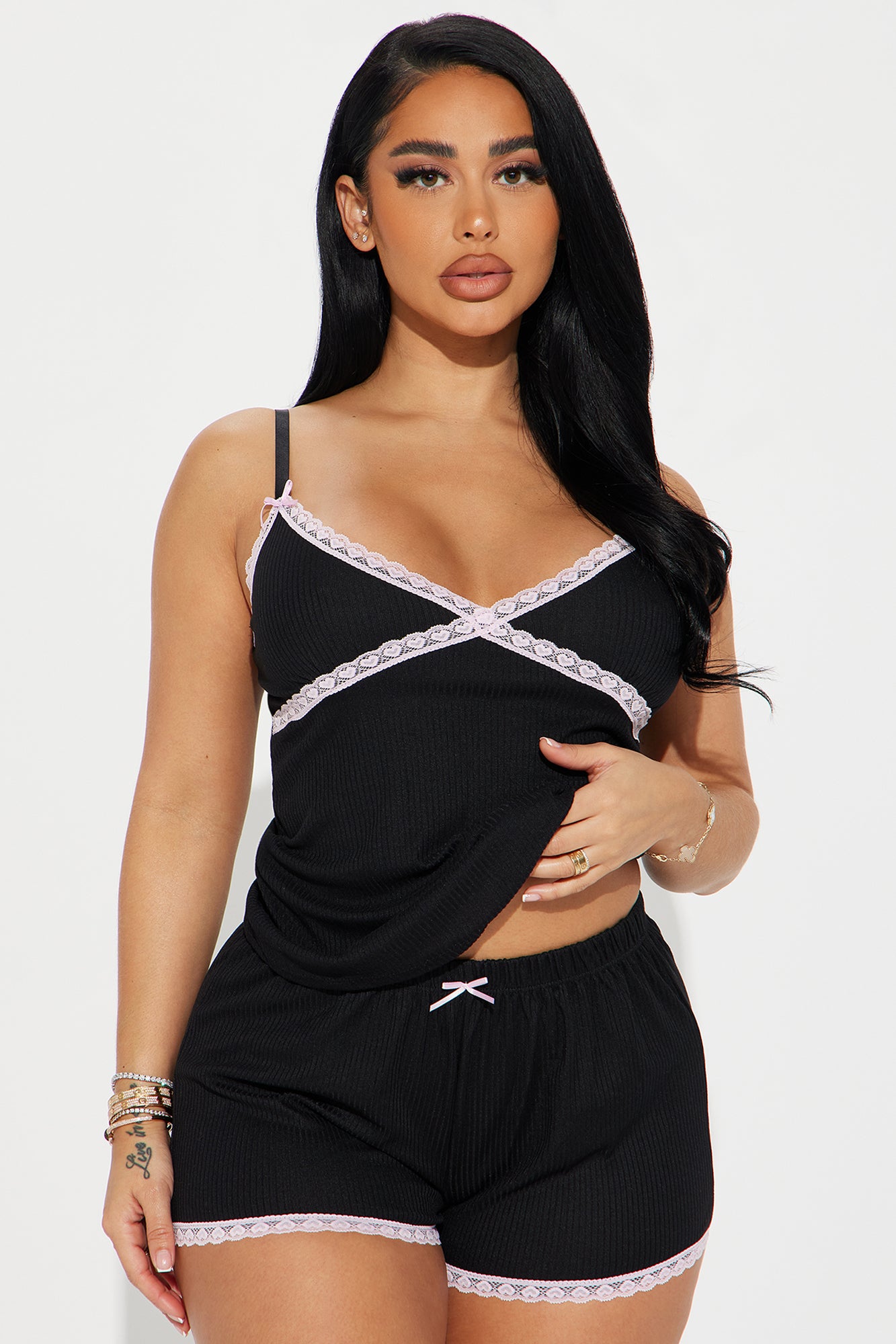 In Your Dreams Black Ribbed Pajama Short Set
