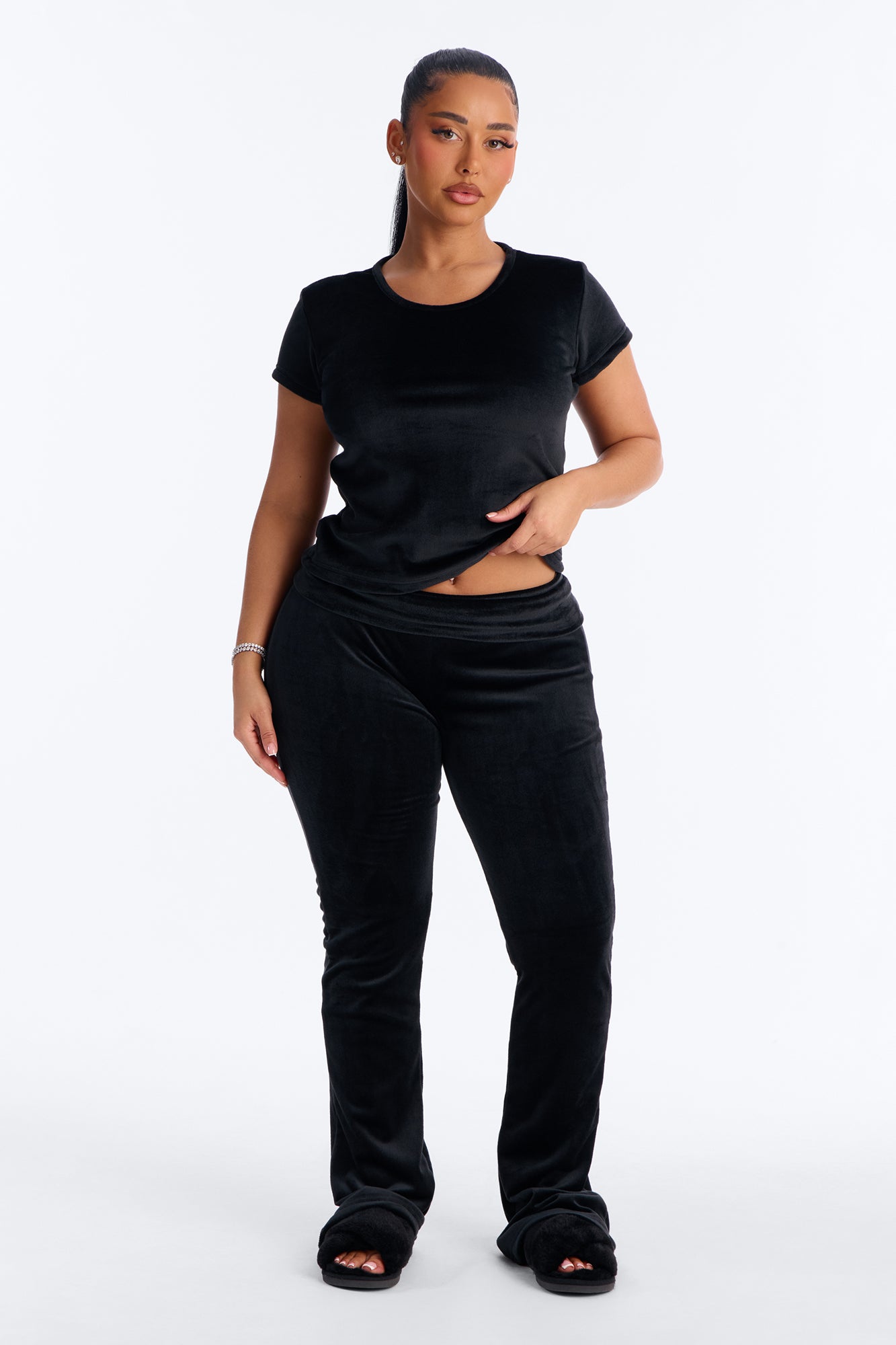 Cozy Moments Black Short Sleeve Velour Pajama Pant Set