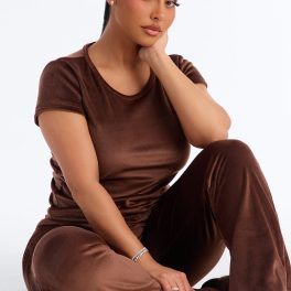 Cozy Moments Chocolate Short Sleeve Velour Pajama Pant Set