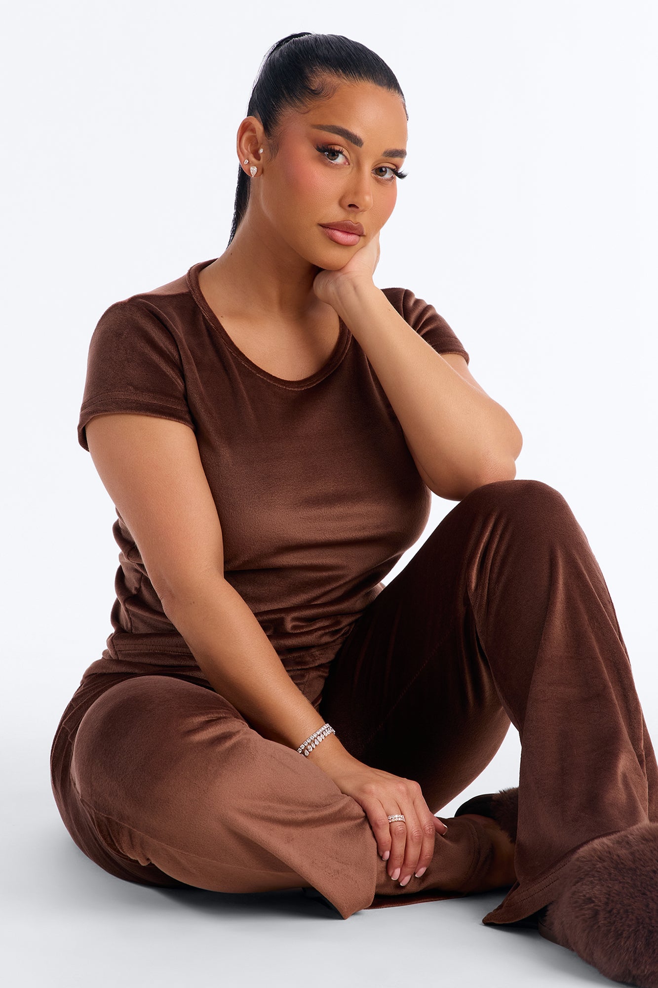 Cozy Moments Chocolate Short Sleeve Velour Pajama Pant Set