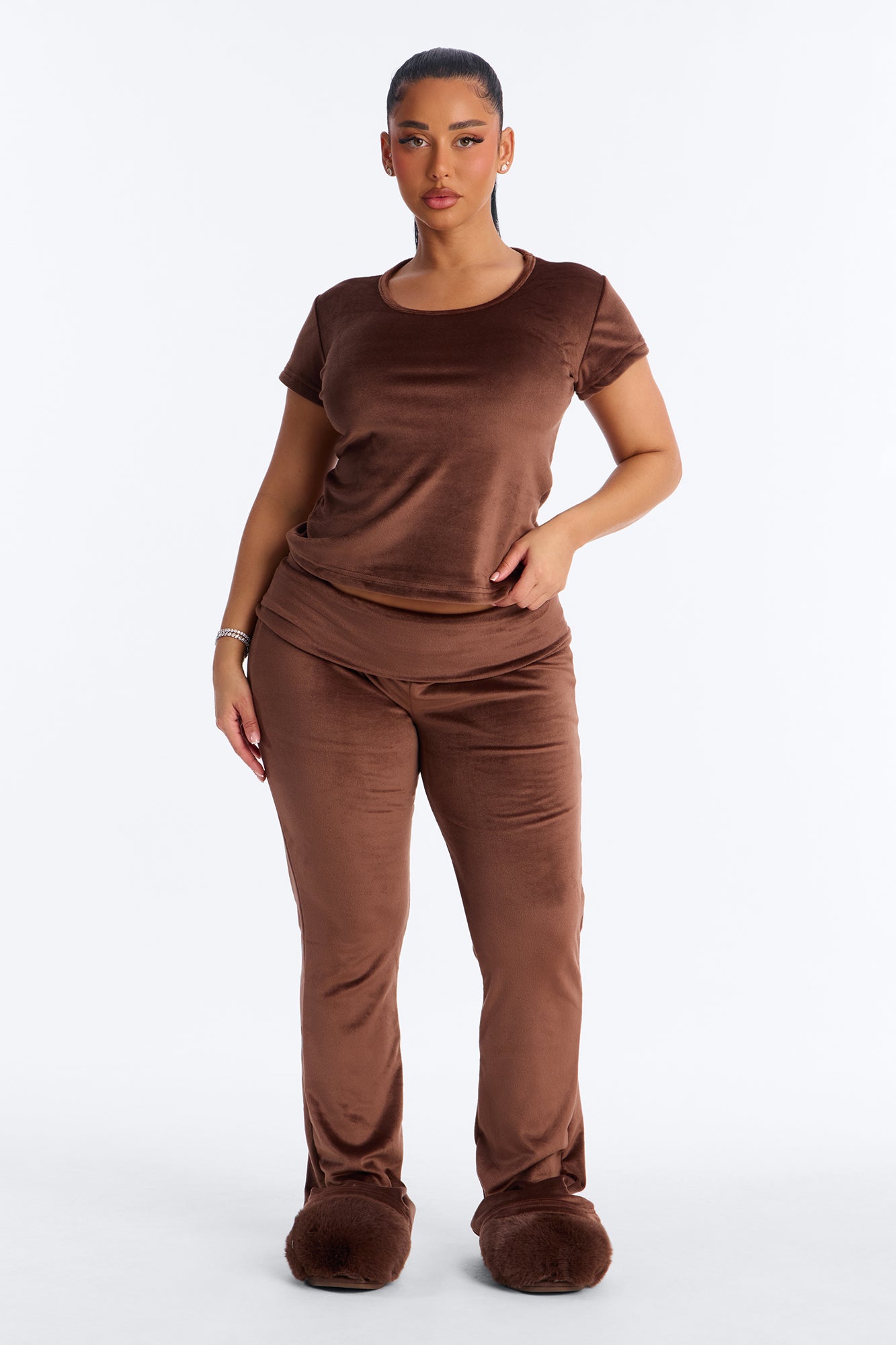 Cozy Moments Chocolate Short Sleeve Velour Pajama Pant Set - Image 2