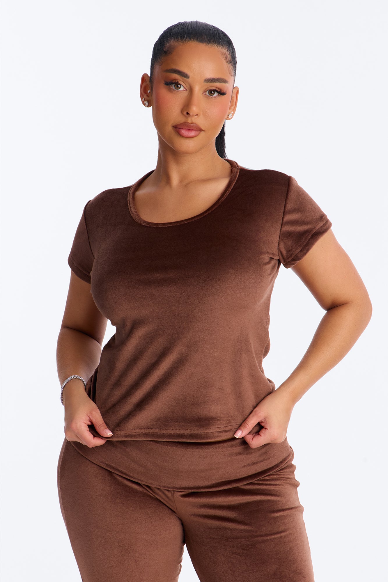 Cozy Moments Chocolate Short Sleeve Velour Pajama Pant Set - Image 3