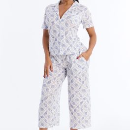 Athena Shell White/combo Lattice Notch Collar Pajama Set