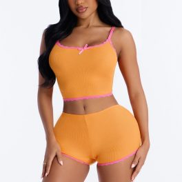 Do Not Disturb Orange/combo Ribbed Pajama Short Set