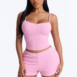 Sleep In Hot Pink Ribbed Pajama Short Set