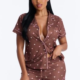 Pieces Of My Heart Brown/combo Pajama Short Set