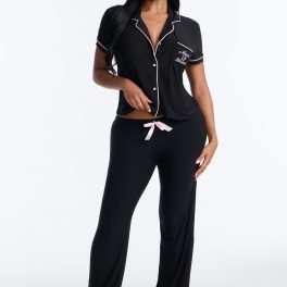 Maid Of Honor Time Black/Pink Notch Collar Pajama Pant Set