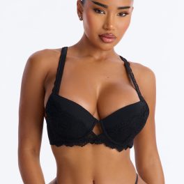 Underneath It All Black Microfiber Lace Push Up Molded Cup Bra