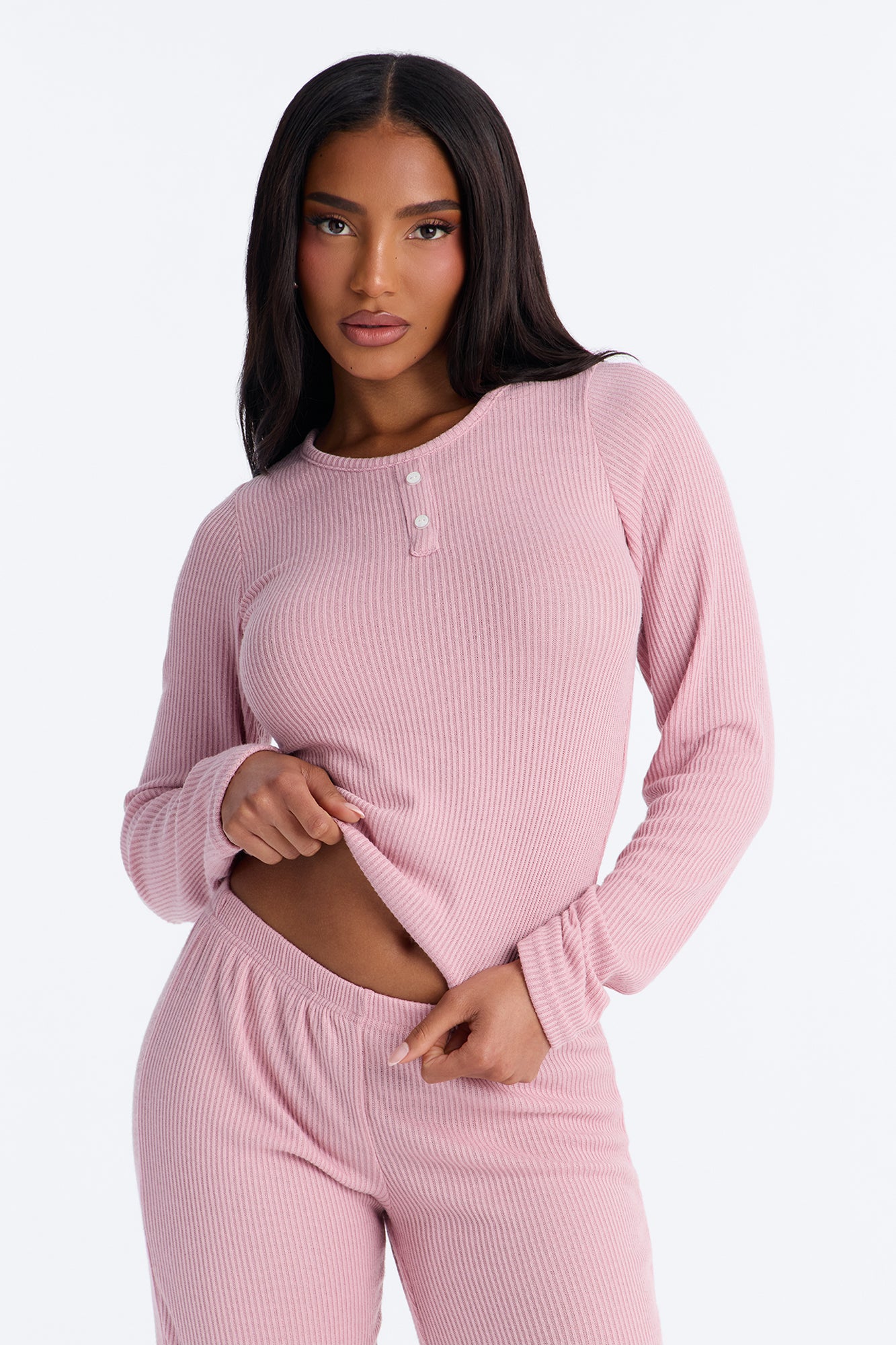 Slumber Haven Mauve Ribbed Long Sleeve Pajama Pant Set - Image 2