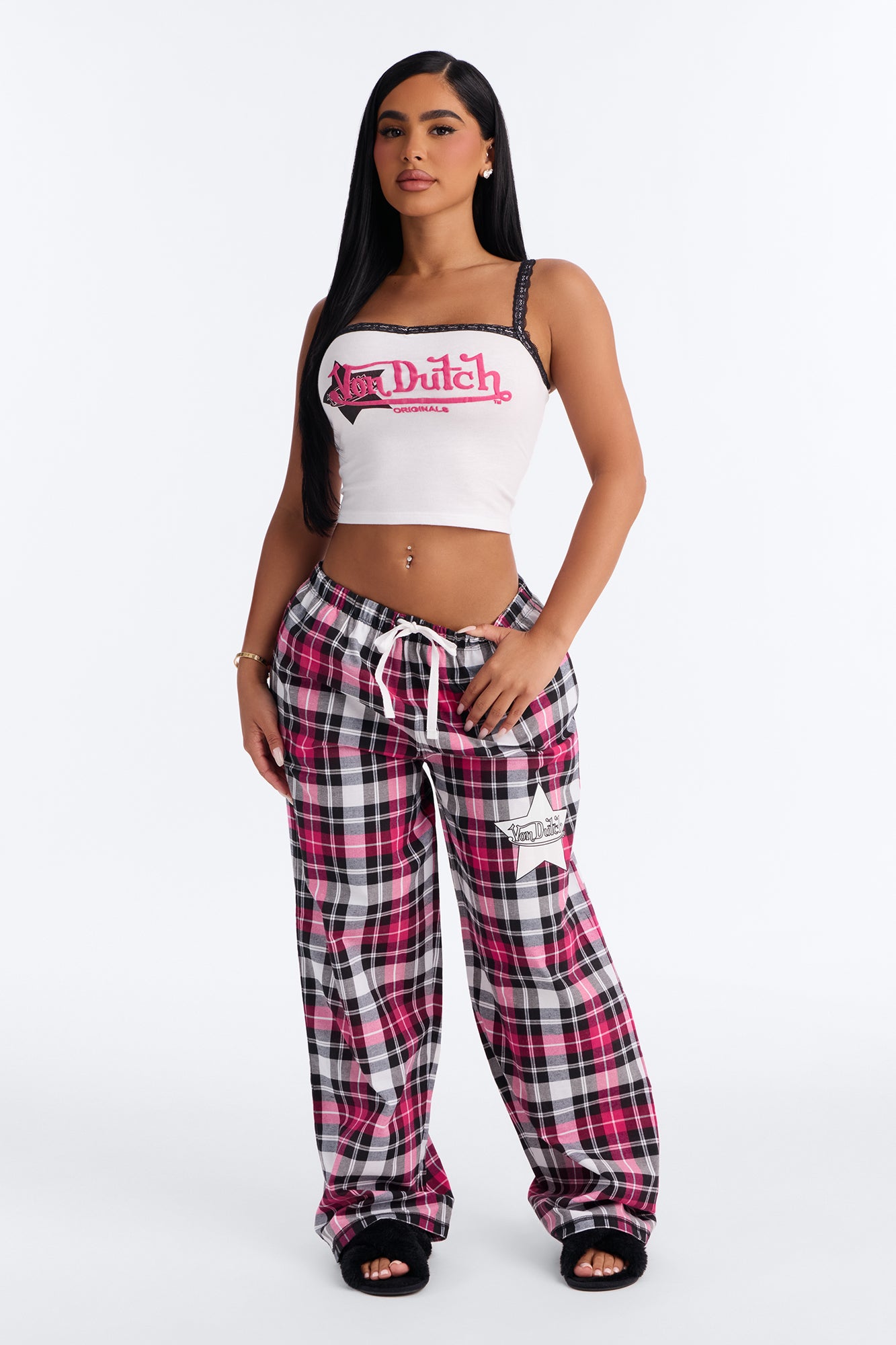 Verilunes Black/Pink Plaid Star Pajama Pant Set
