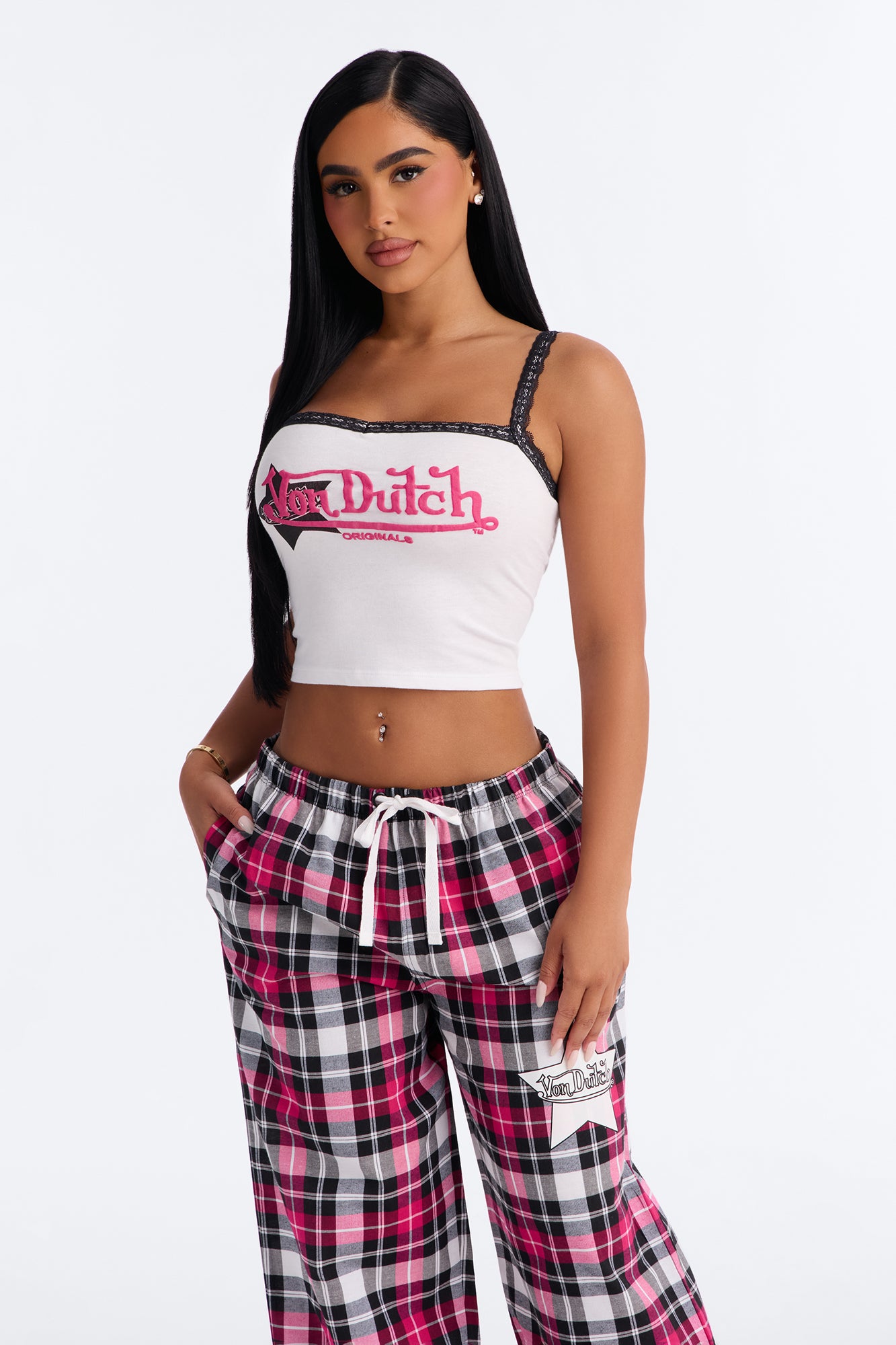 Verilunes Black/Pink Plaid Star Pajama Pant Set - Image 2