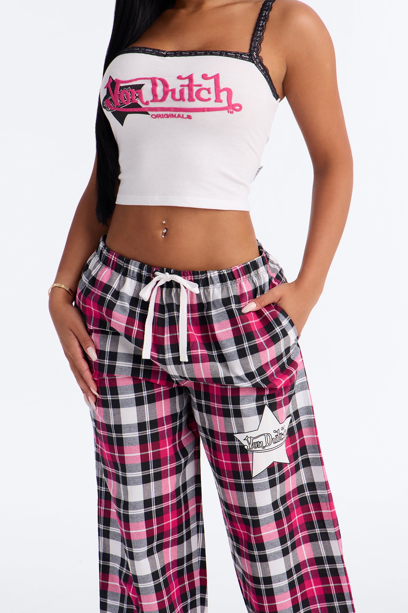 Verilunes Black/Pink Plaid Star Pajama Pant Set - Image 3