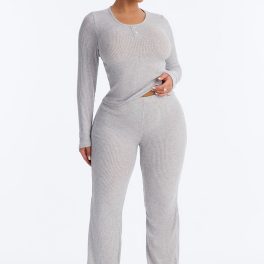 Slumber Haven Heather Grey Ribbed Long Sleeve Pajama Pant Set