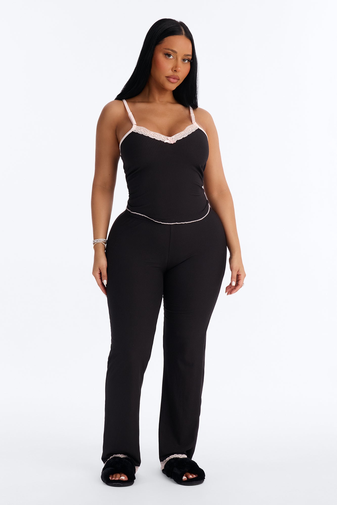 Verilunes Black/Pink Ribbed Pajama Pant Set