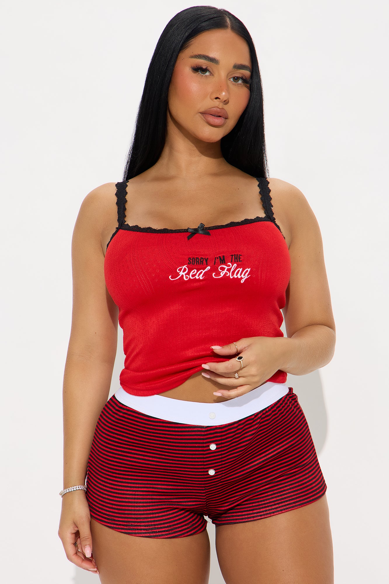 Red Flag Red/Black Pointelle Cami Pajama Boxer Short Set