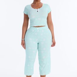 Mint/combo Short Sleeve Scoop Pajama Capri Set