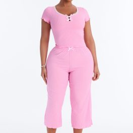 Pink Short Sleeve Scoop Pajama Capri Set