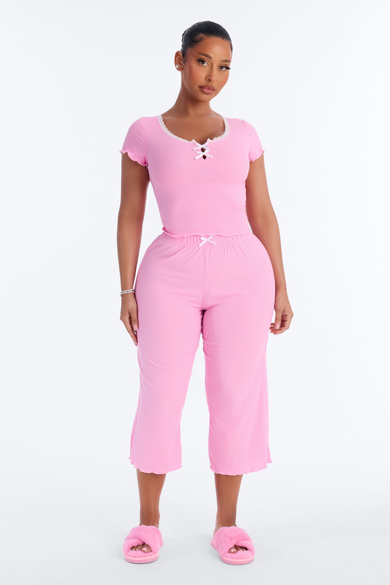 Pink Short Sleeve Scoop Pajama Capri Set
