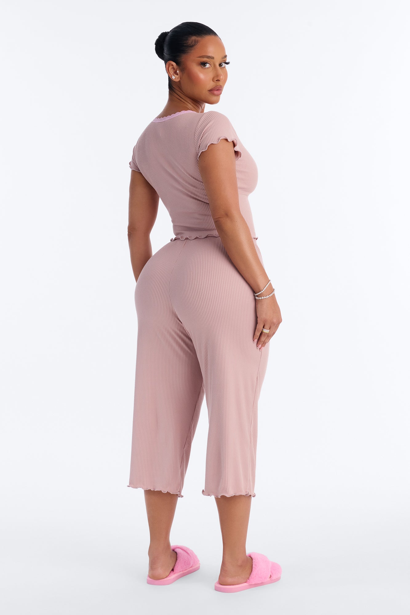 Mocha Short Sleeve Scoop Pajama Capri Set - Image 4