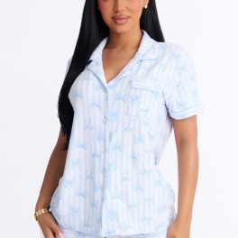 White/Blue Button Up Pajama Short Set