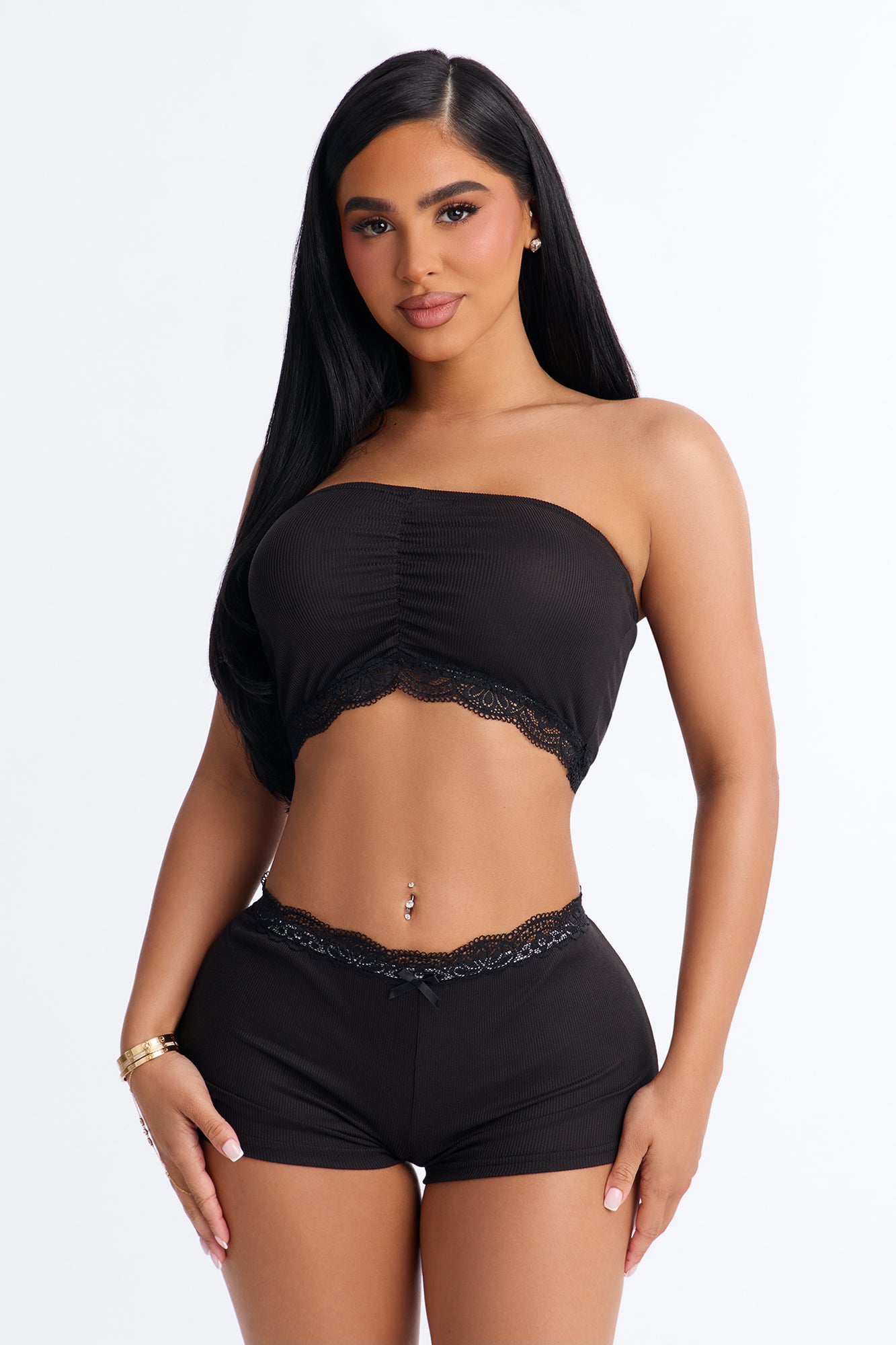 Soft Rib Seduction Black Pajama Short Set