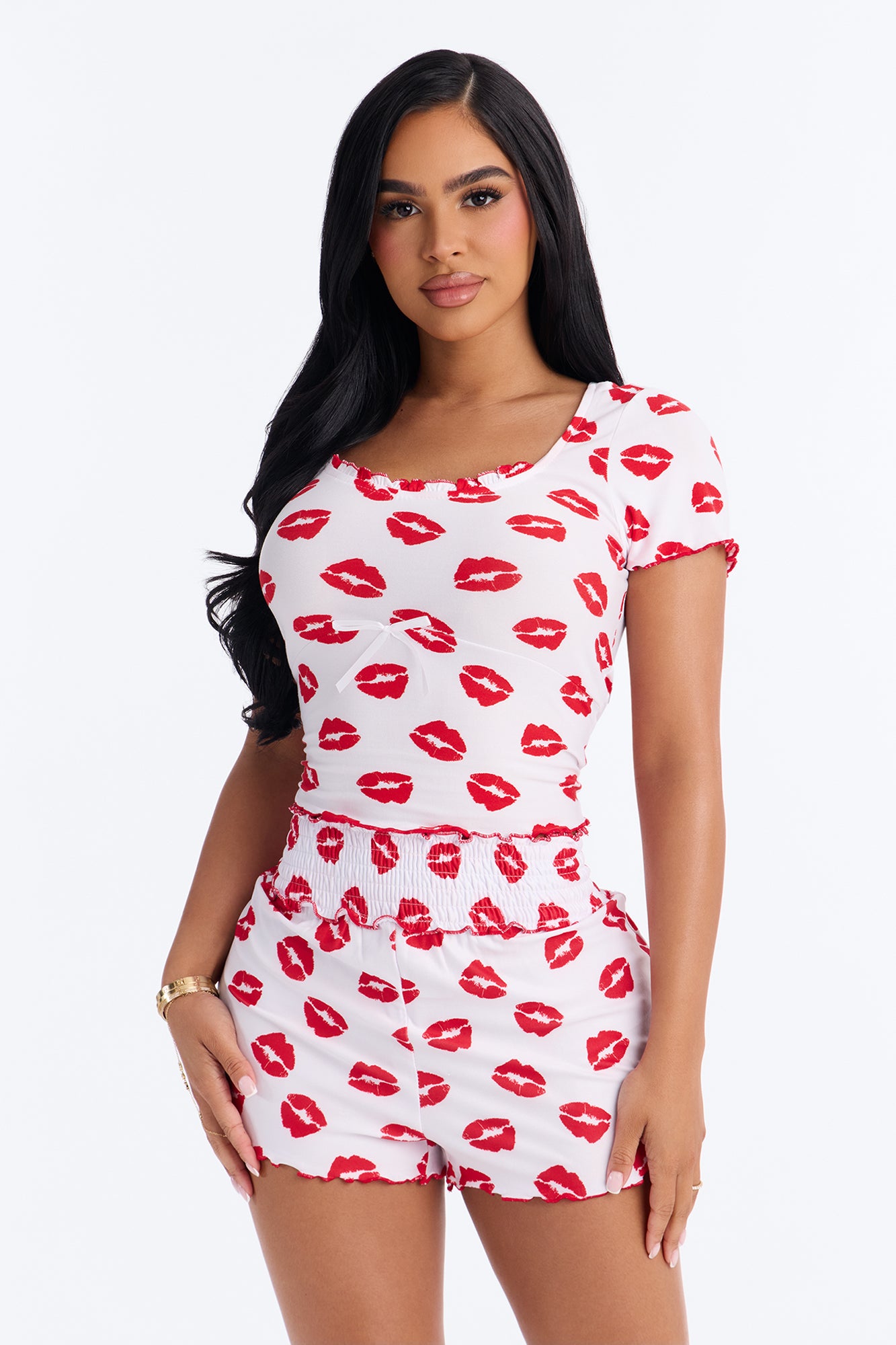 Pucker Up Babe White/combo Short Sleeve Square Neck Contrast Ruffle Pajama Short Set