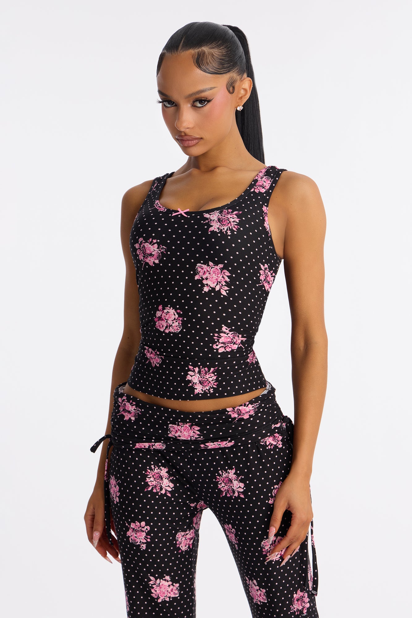 Petty Dreams Black/Pink Tank Pajama Foldover Pant Set - Image 2