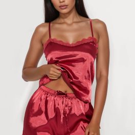 Like A Princess DarkRed Satin Pajama Short Set