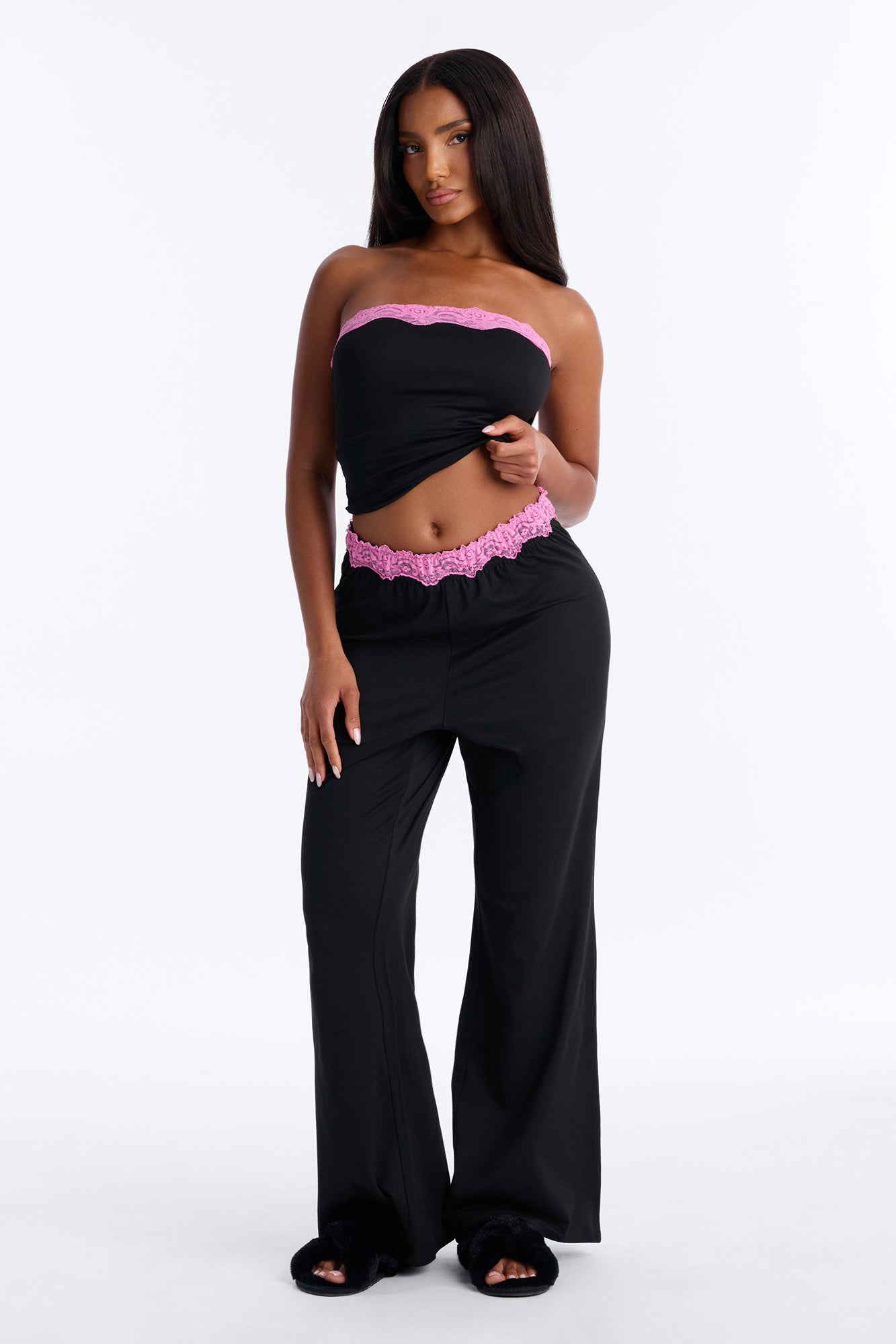 Sleeping Pretty Black/Pink Tube Top Pajama Flare Pant Set - Image 2