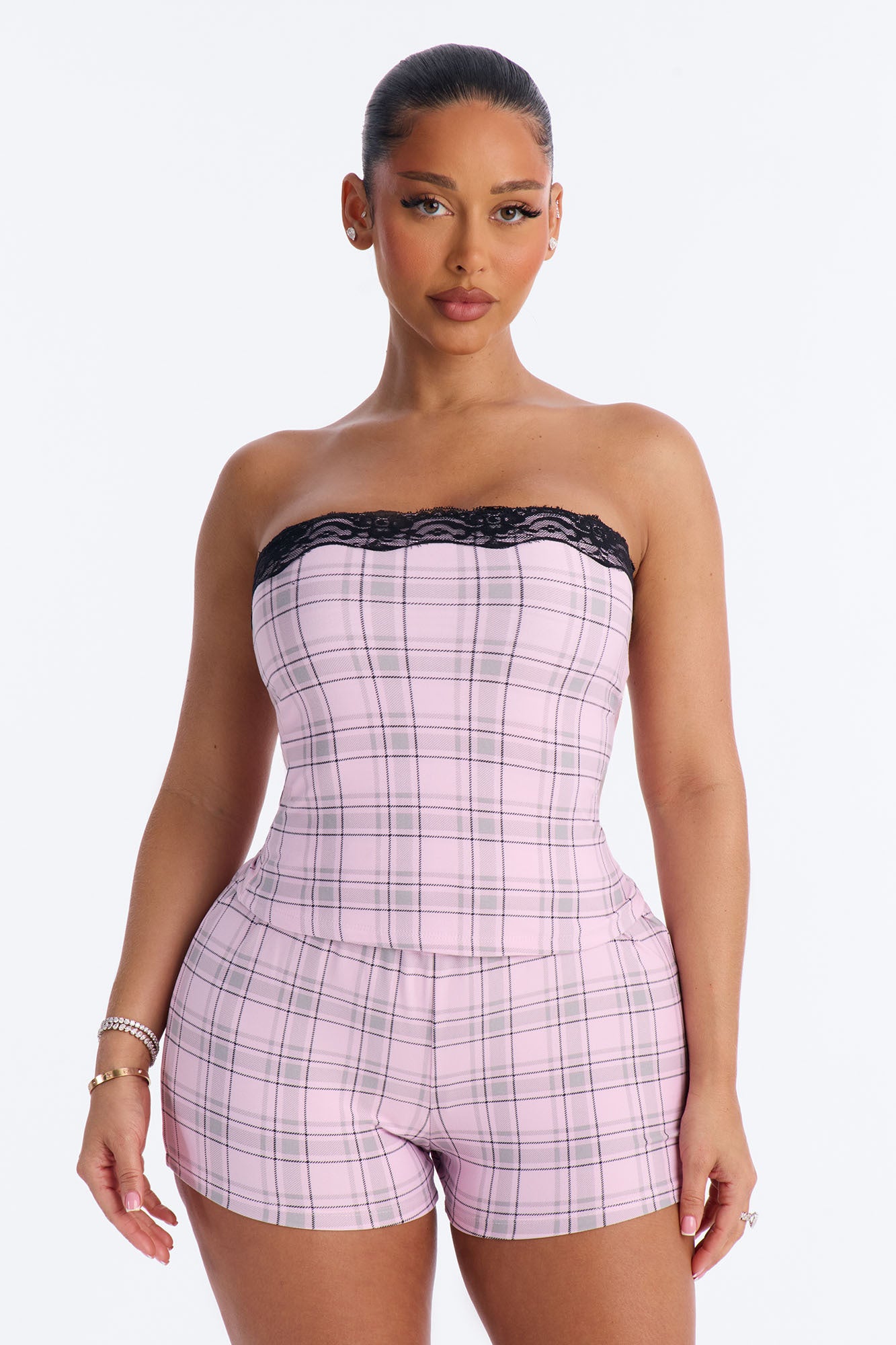 Cozy Slay Era Pink/combo Plaid Pajama Tube Top & Short Set