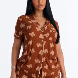 Brown Button Up Pajama Short Set