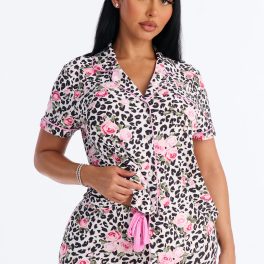 White/Pink Button Up Pajama Short Set