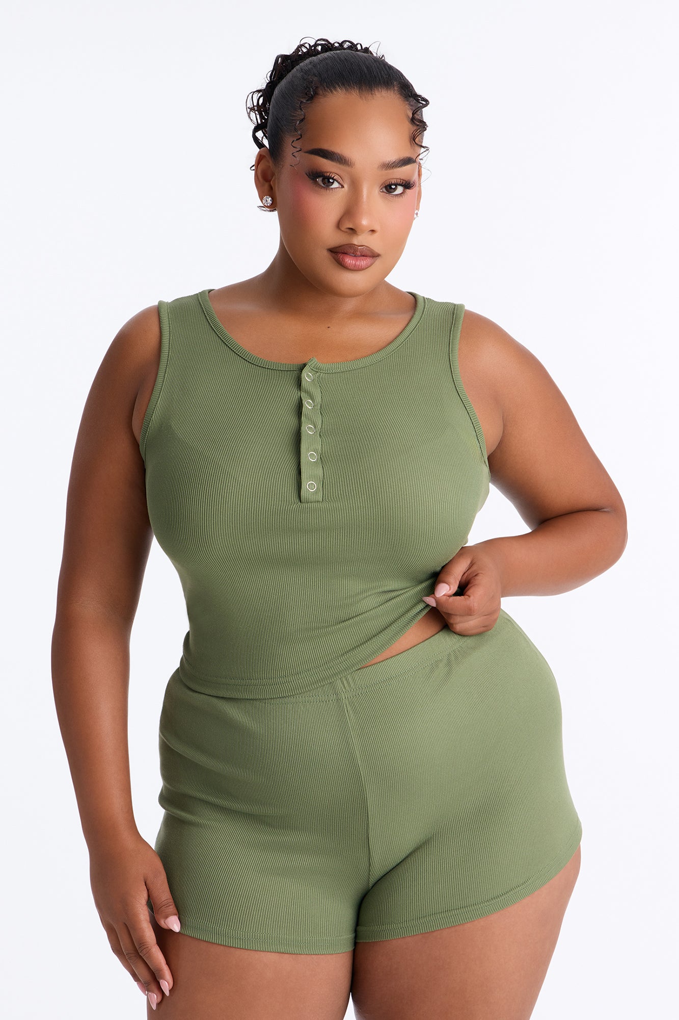Homebody Green Ribbed V-Neck Pajama Short Set - Image 4
