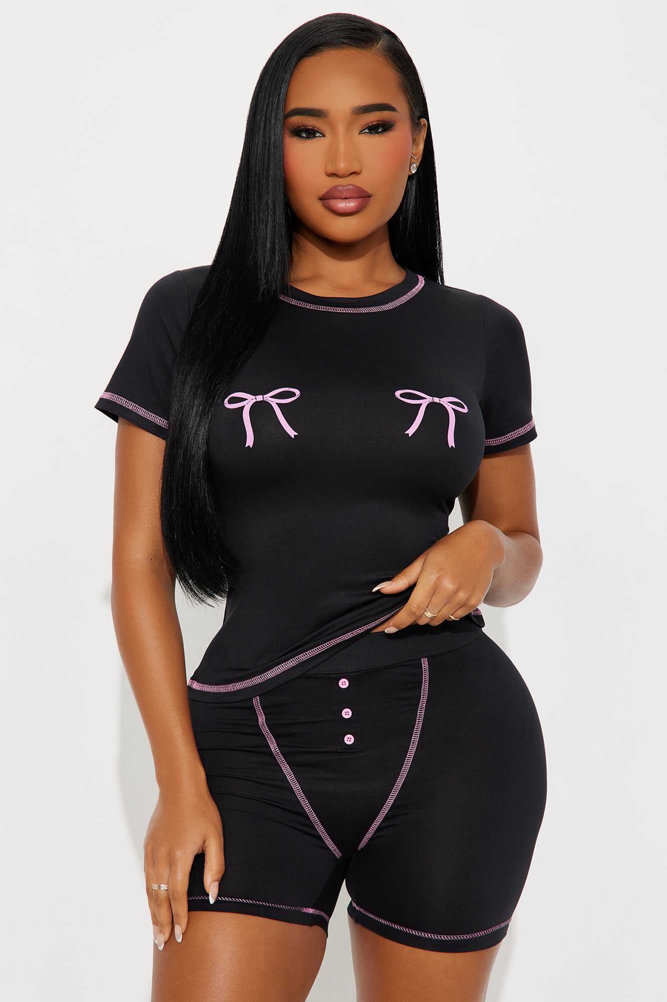So Cute Bow Black/Pink Pajama Boxer Short Set
