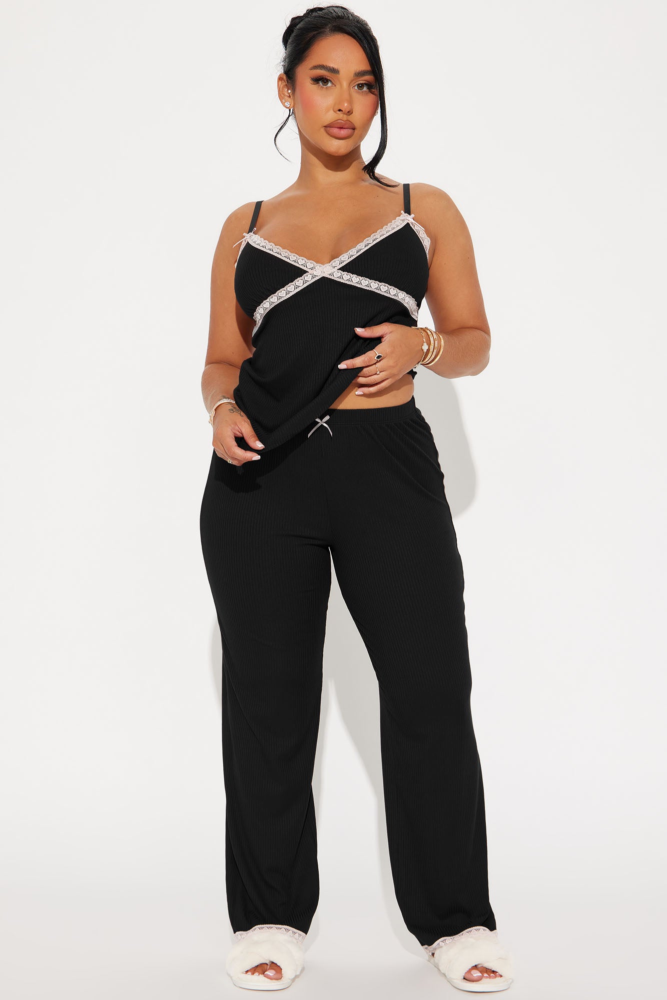 In Your Dreams Black Ribbed Pajama Pant Set