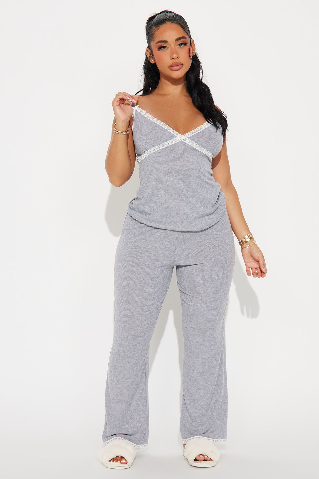 In Your Dreams Heather Grey Ribbed Pajama Pant Set