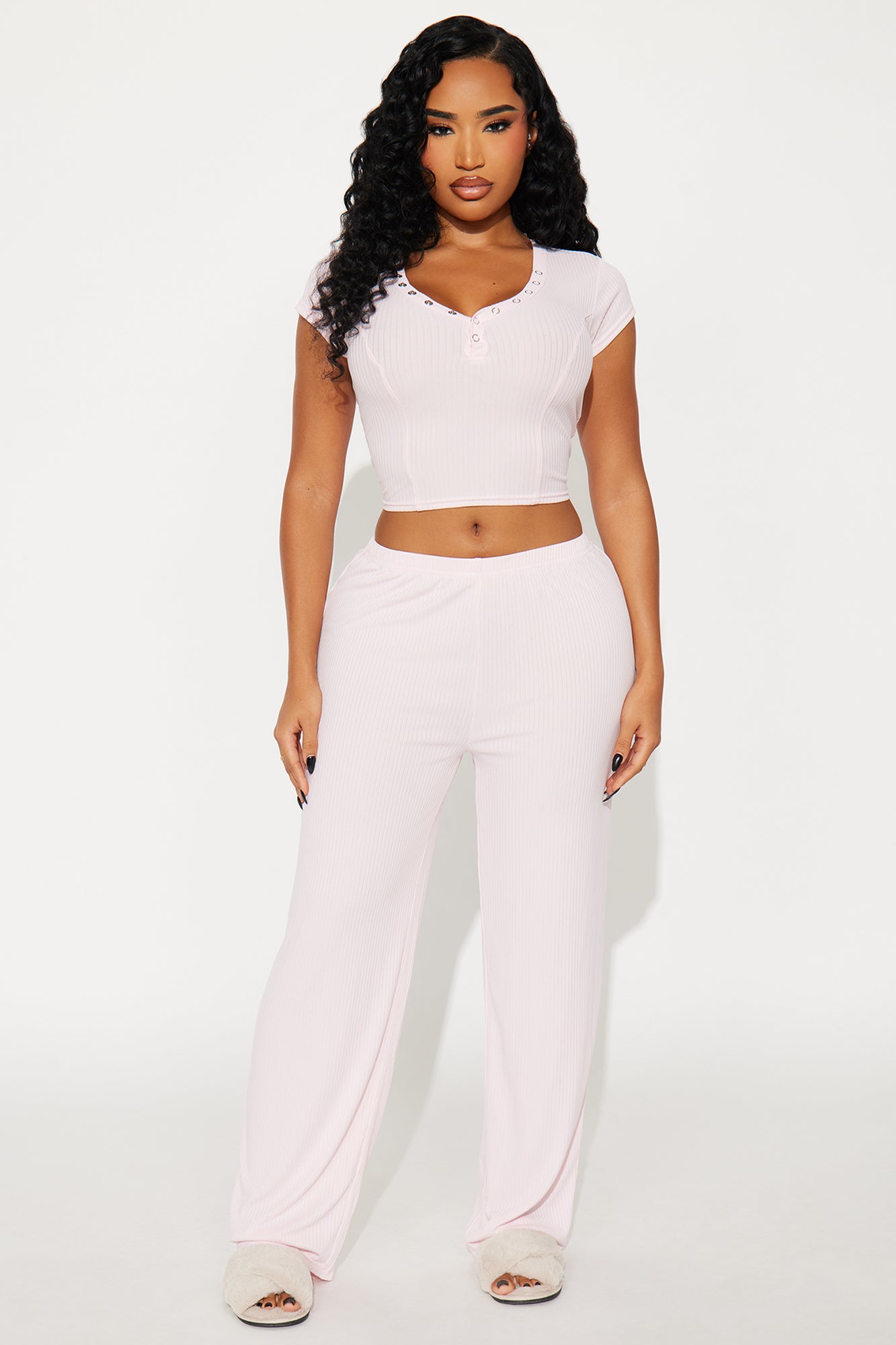 Dreaming Of You Pink Ribbed Henley Pajama Pant Set