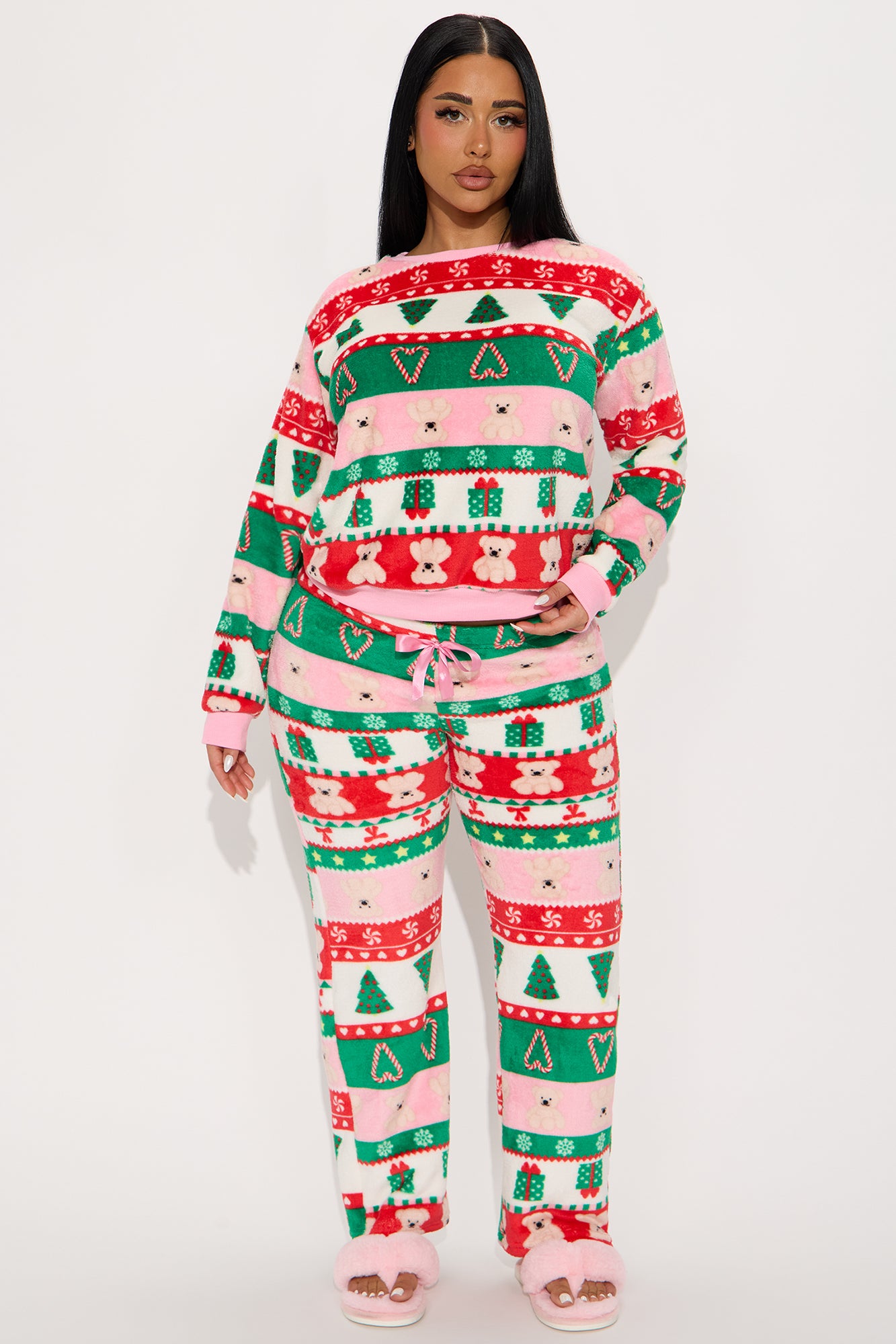 Sweetest Holiday Green/combo Plush Crew Neck Pajama Pant Set