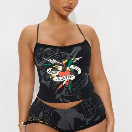 Verilunes Black Heart Pointelle Cami Pajama Short Set
