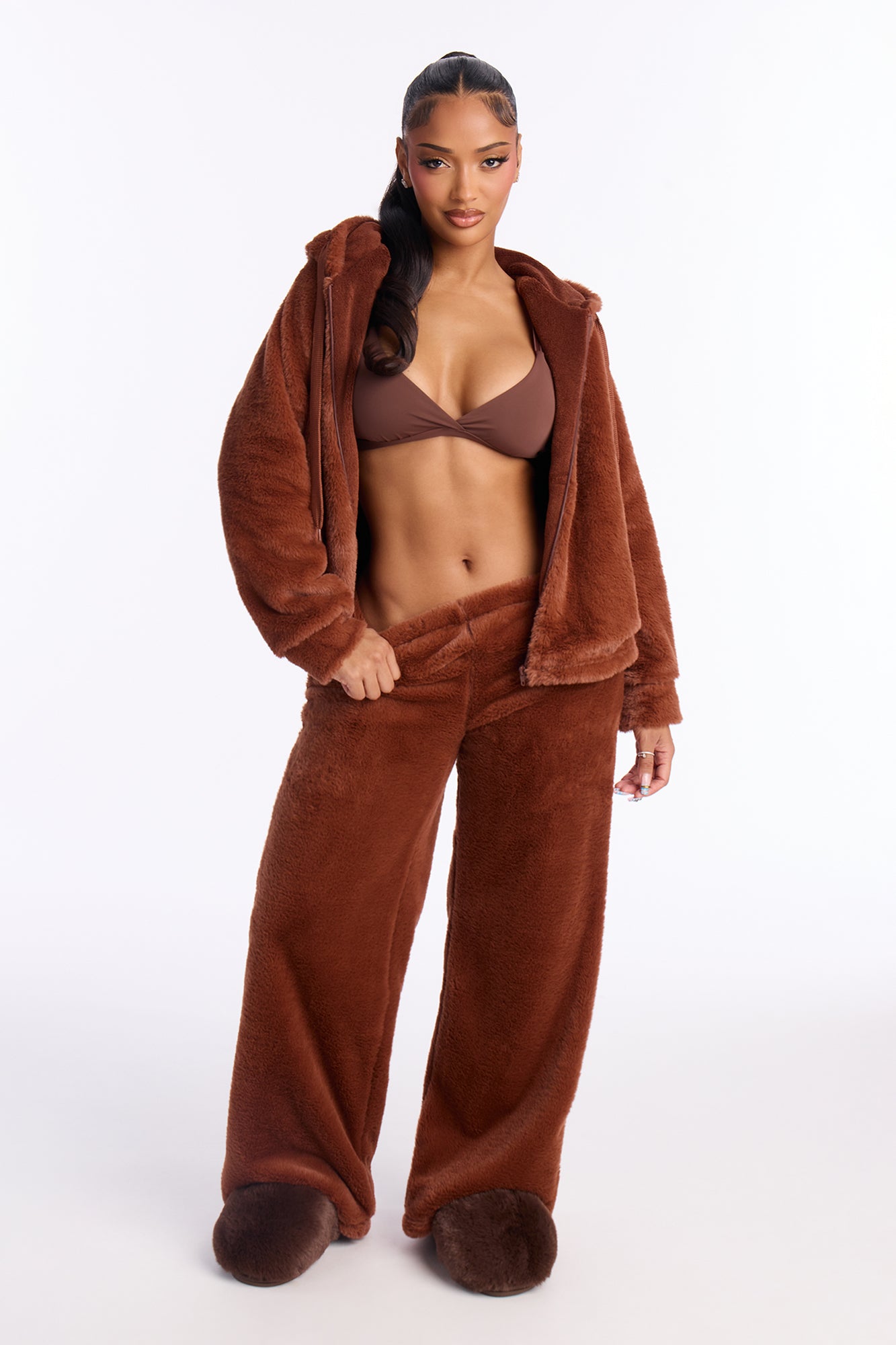 Verilunes Chocolate Plush Hoodie Pajama Pant Set