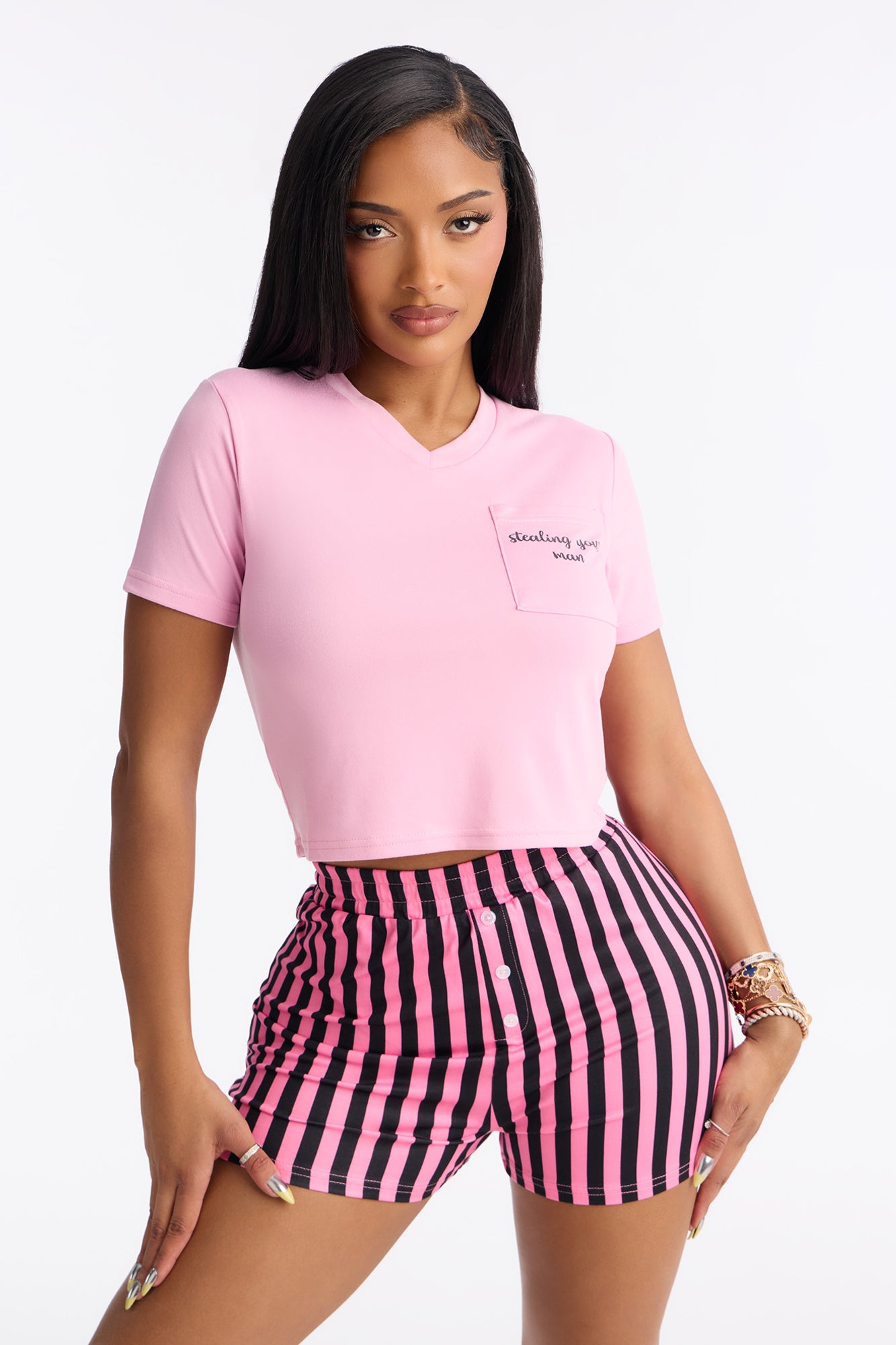 Stealing Your Man Black/Pink Short Sleeve Pajama Boxer Short Set